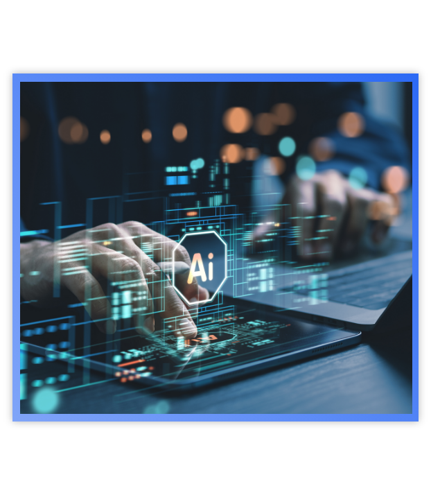 Alorica Analytics_Collapsible list person on touch pad with AI icon in the forefront